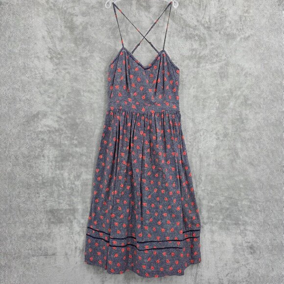Cooperative Midi Sun Dress 10 Blue Orange Floral Dot Cross Strap Cotton UO Girly - Picture 1 of 12